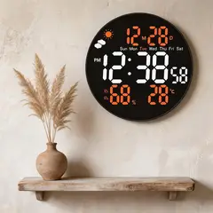POLASUP - Reloj Digital LED Redondo Grande con Calendario Temperatura Alarma Control Remoto Pared Mesa