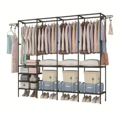 GENERICO - Closet Portatil 4 Espacios Perchero Zapatero Organizador Ropa en Metal Color Negro
