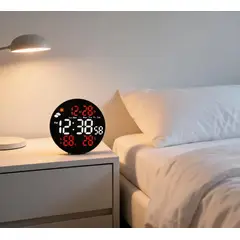 POLASUP - Reloj Digital LED Redondo Grande con Calendario Temperatura Alarma Control Remoto Pared Mesa