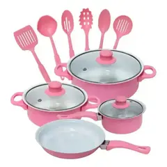 CHINA - Batería Cocina Ollas 13 Piezas Utensilios Cocina Rosa