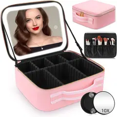 GENERICO - Cosmetiquera Con Espejo LED Organizador De Maquillaje Viaje USB Divisiones Ajustables 26x23x11cm