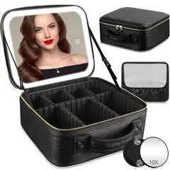 GENERICO - Cosmetiquera Con Espejo LED Organizador De Maquillaje Viaje USB Divisiones Ajustables 26x23x11cm