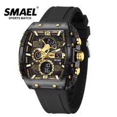 SMAEL - RELOJ ORIGINAL SILICONA DOBLE HORA 8109 SUMERGIBLE NEGRO DORADO