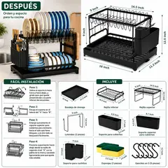 RENAHOUSE - Escurridor Zebbris Platos 2 Niveles Multifuncional Organiza Negro