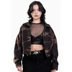 URBAN PLUS - Chaqueta para mujer jean negra estampado cafe