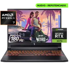 ACER - PORTÁTIL GAMER NITRO V 16 AI - RYZEN 7 - RTX 5070 8GB - 24GB RAM - 1TB SSD - 16" WUXGA 180 Hz