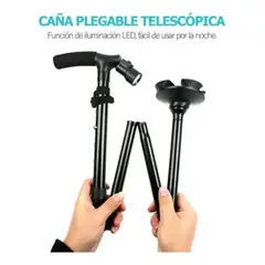 GENERICO - Bastón Plegable Negro Con Linterna Y Base 4 Puntos