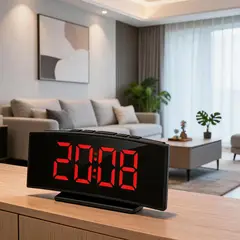POLASUP - Reloj Despertador LED Digital Curvo con Espejo Pantalla Grande Temperatura Fecha USB