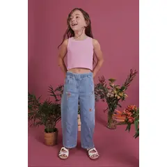 BOBOLI - Pantalón Bordado Flores Denim Claro