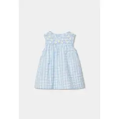 BOBOLI - Vestido Bordado Flores Cuadros Azul