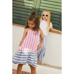 BOBOLI - Vestido Lino Rayas Combiando Fucsia