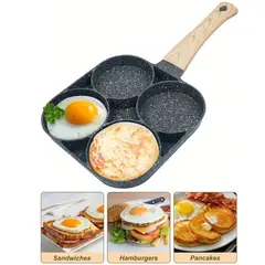 GENERICO - Sartén Antiadherente 4 Puestos 19x35cm Asa Madera Para Huevos Arepas y Pancakes