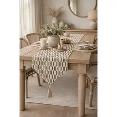 GENERICO - Camino de Mesa En Jacquard 40 Cm X 2.00 Mts Diseño Circulo Color Café Con Dorado Decoración Hogar
