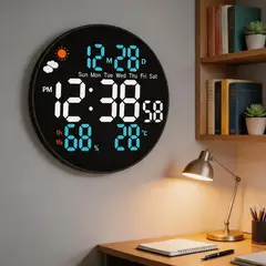 POLASUP - Reloj Digital LED Redondo Grande con Calendario Temperatura Alarma Control Remoto Pared Mesa