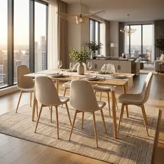 ENTRE NOS HOME - Juego De Comedor Lía Con Mesa Rectangular De Madera Honey 140 cm Y 6 Sillas Beige