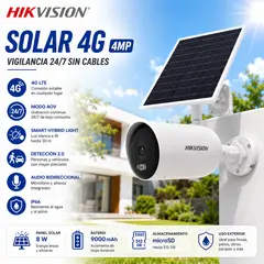 HIKVISION - DS-2CFS044G, Cámara Solar 4MP 4G LTE AOV 247 Panel Solar 8W IP66 Audio