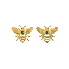 MERAKI - Aretes mujer abejas y esmeralda Bañados en oro 24kt - Aretes elegantes - Topos mujer