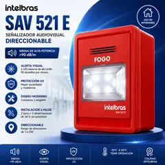 INTELBRAS - Señalizador Audiovisual Direccionable SAV 521E 24V Sirena 90dB con Flash LED