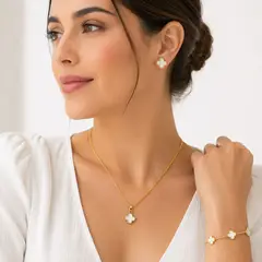 GENERICO - Set De Aretes, Collar Y Pulsera Trébol Blanco - Elegante Para Mujer