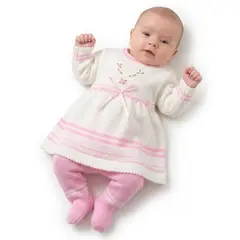 BABY KDS - Conjunto Tejido en Hilo para Bebé Niña Vestido, Pantalón y Medias Talla 0-3 Meses