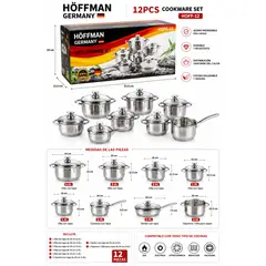 SWISSHOME DR HOFFMAN - Set de Ollas Bateria 12 Piezas Hoffmann Germany Acero Inoxidable Quirurgico con Tapas