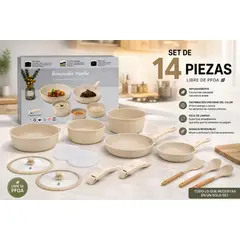 HOME - Set de Ollas en Caramica Antiadherente 14 Piezas Mangos Removibles Libre PFOA Apta para Inducción