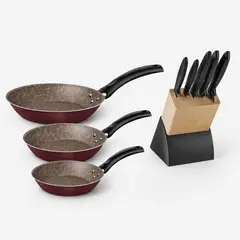 TRAMONTINA - Combo de Cocina - Sartenes X3 Und Turim + Cuchillos X5 Und Taco Madera