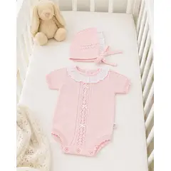 BEBE FELIZ - Body Con Gorro Tejido Cuello Ojalillo Rosa