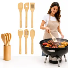 GENERICO - Set Utensilios de Cocina en Bambú x6 con Portautensilios