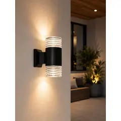 007PLUS - Lámpara De Pared Doble Cilindro Negro Con Vidrio Texturizado