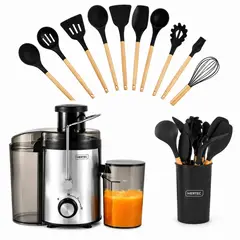 MERTEC - Combo Extractor de Jugos Acero Inoxidable 800 ml l + Set de Utensilios Cocina 12 Piezas