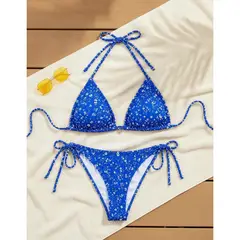 007PLUS - Vestido De Baño Bikini Azul Floral De Dos Piezas Para Mujer