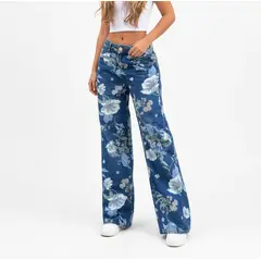 VIA7 - Jean Floral Wide Leg Estilo Ancho Grande