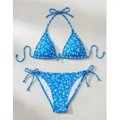 007PLUS - Vestido De Baño Bikini Azul Floral De Dos Piezas Para Mujer