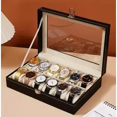 GENERICO - Estuche Organizador De Relojes Cuero Sintético Negro 12 Unid