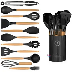 CHINA - Set De Utensilios Para Cocina X12 Silicona Antiadherente Resistente Al Calor Con Mango De Madera