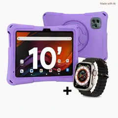 KRONO - Tablet Niños 10 Pulgadas 8GB RAM (4Gb+4Gb) X2 Doble SIM Android 14 64GB + Reloj LILA