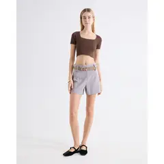 SEVEN SEVEN - Short Tiro Alto Con Cinturón Para Mujer Taupe