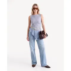 SEVEN SEVEN - Camiseta Encaje Ruedo Irregular Para Mujer Azul