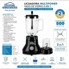 HOME ELEMENTS - Licuadora MultiPower 2 en 1 con Vaso de Vidrio 1,5 lts
