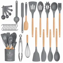 TRIPLE CLEAN - Set de 18 utensilios de cocina con soporte gris