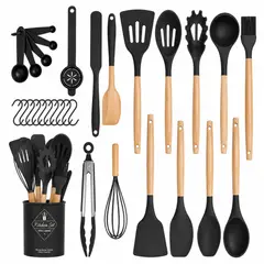 TRIPLE CLEAN - Set de 18 utensilios de cocina con soporte negro