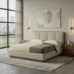 MOBILIARIA ALTA GAMA MONSIER - Base de Cama Moderna Tapizada en Tela Beige con Detalles en Madera de Roble– Modelo Floralia – Doble