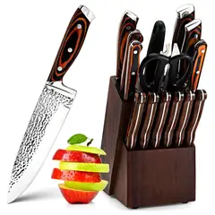 RENAHOUSE - Set De Cuchillos De 15 Piezas Con Base De Madera Y Mangos Ergonomicos