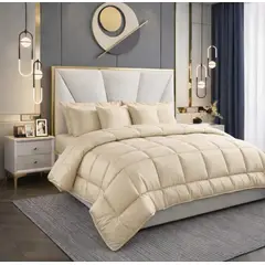 GENERICO - Combo Edredon Tipo Plumon Cama Doble Beige Con Dos Fundas Y Cojines Mas Sabana Doble Blanca.
