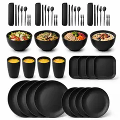 ONE PIXEL - Set Vajilla De Platos Elegantes Minimalistas En Negro 48 Piezas Paja De Trigo