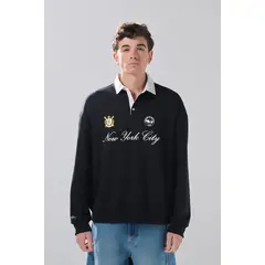 KOAJ - Buzo negro oversize con cuello polo y diseño college Hombre