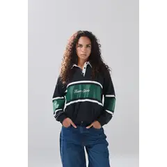 KOAJ - Buzo cuello polo azul intenso con arte college oversize Mujer