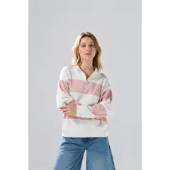 KOAJ - Buzo crema cuello sport a rayas oversize con diseño col Mujer