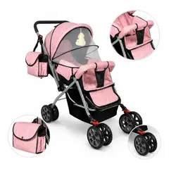 GENERICO - Coche Paseador Reversible Bebe 8 Ruedas Pañalera Y Capota Rosado